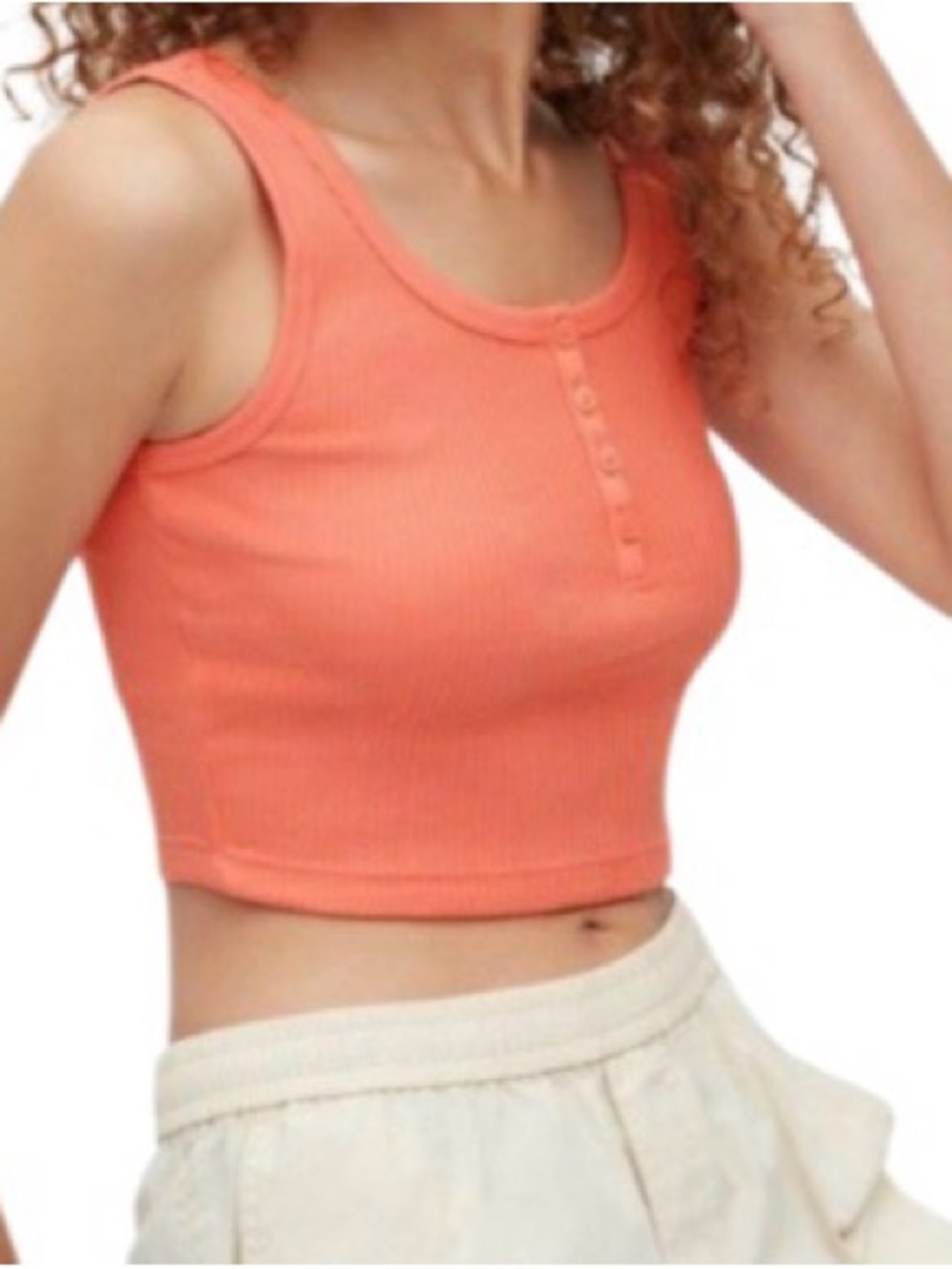 Uniqlo Coral Ribbed Henley Crop Tank Women’s S Front Buttons Boho Travel School